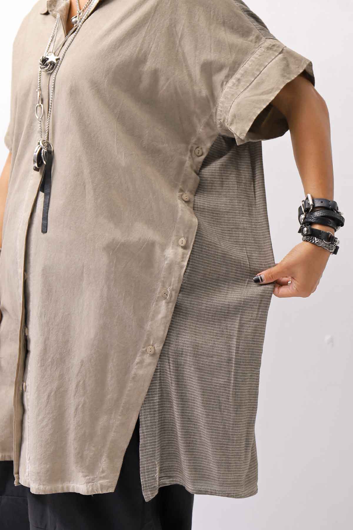 【studio b3】 SIDE SLIT BUTTON HALF SLEEVE SHIRT NB2078_SAND OLD DYE
