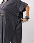 【studio b3】 SIDE SLIT BUTTON HALF SLEEVE SHIRT NB2078_BLACK