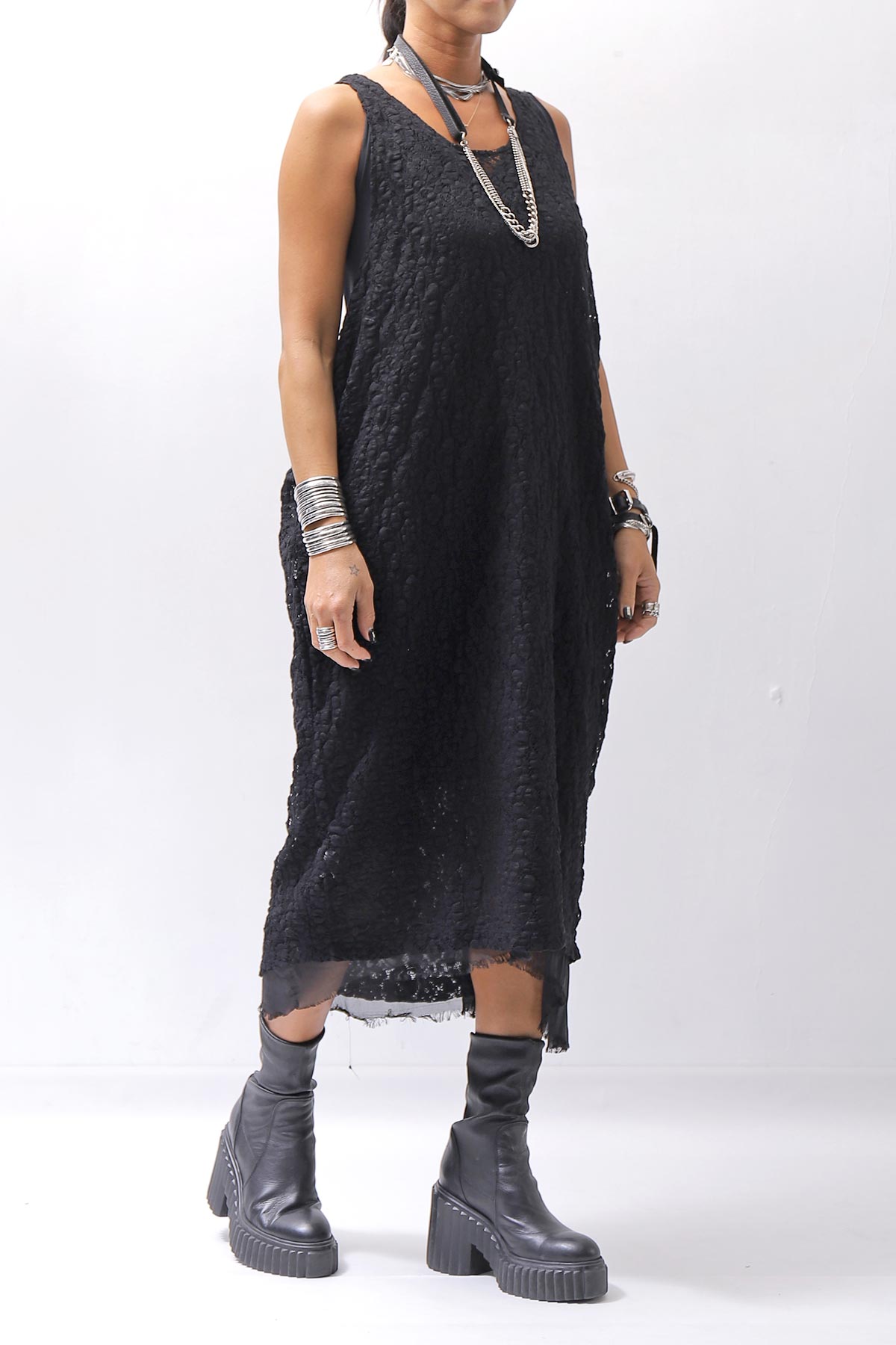 【NOSTRASANTISSIMA】 STRETCH COTTON LACY COVER DRESS C152_BLACK