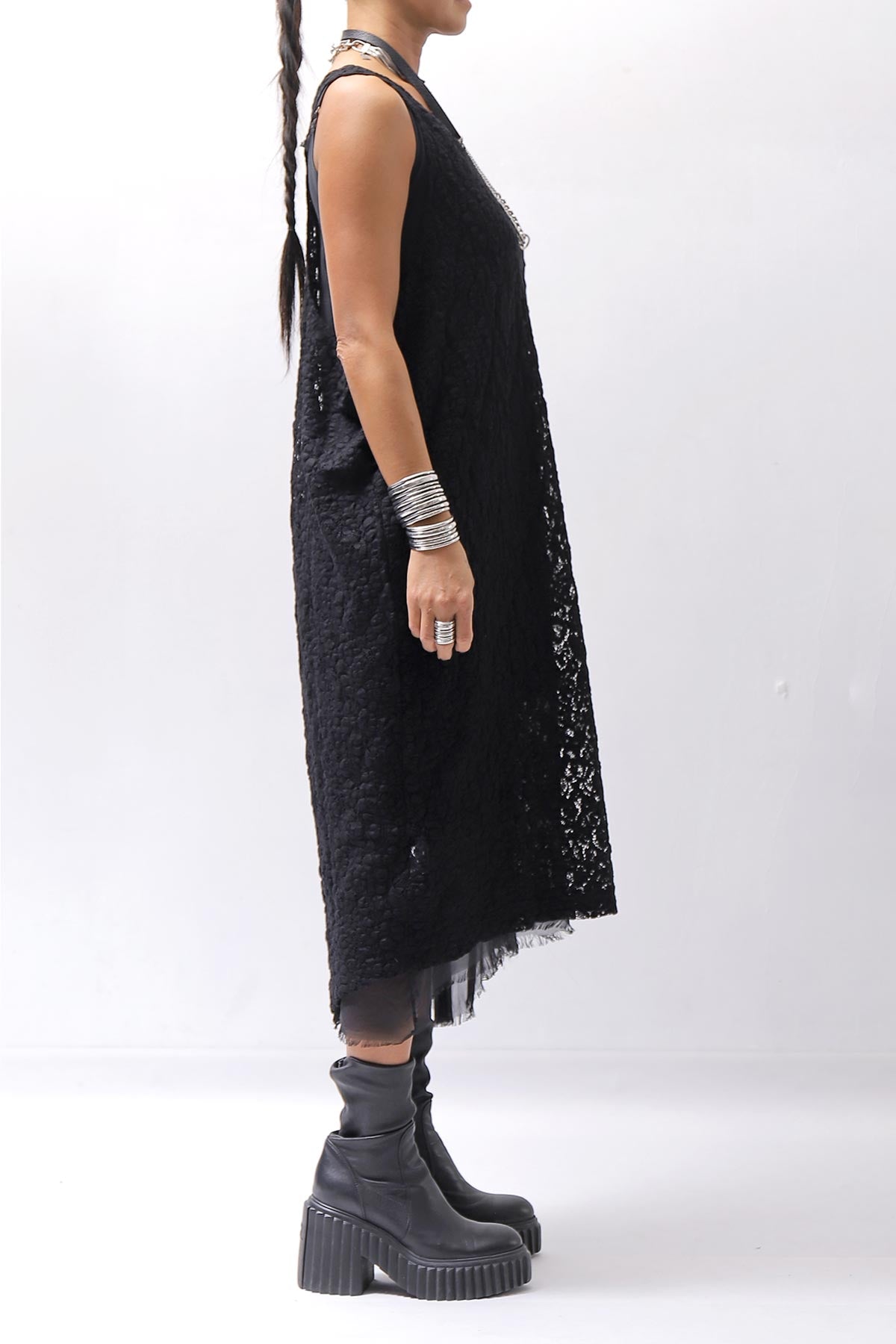【NOSTRASANTISSIMA】 STRETCH COTTON LACY COVER DRESS C152_BLACK