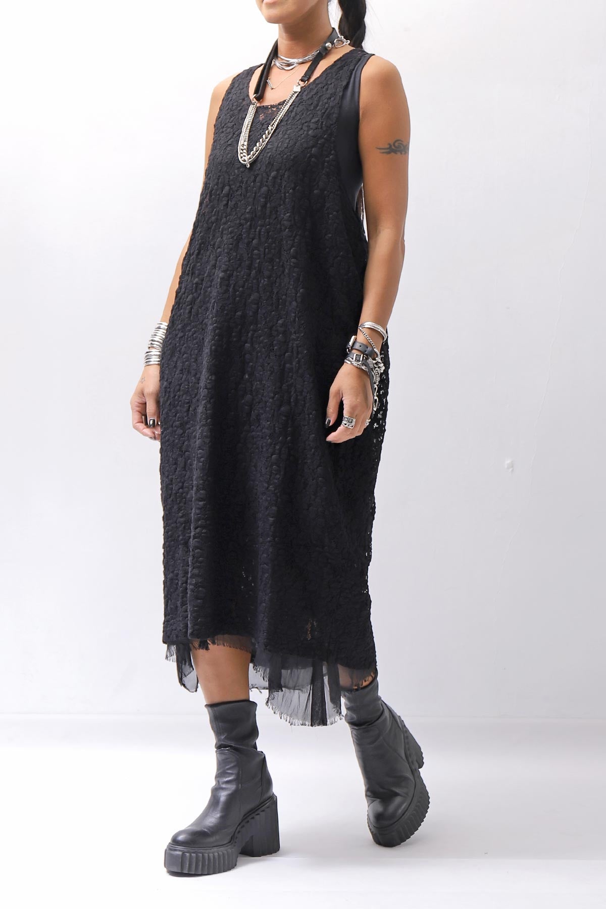 【NOSTRASANTISSIMA】 STRETCH COTTON LACY COVER DRESS C152_BLACK