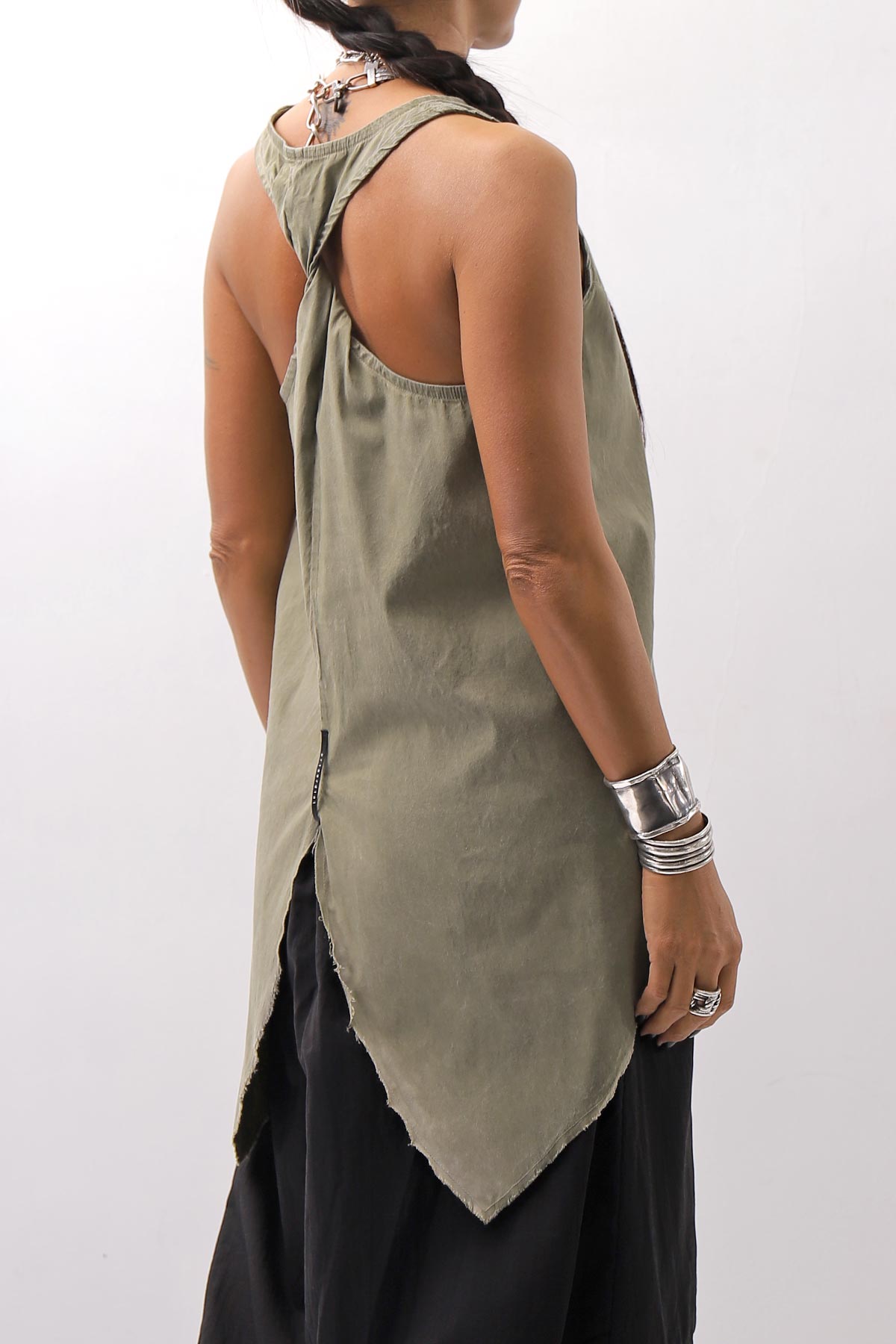 【Primordial is Primitive】 BACK CROSSED TANK TOP 413AL_MILITARY