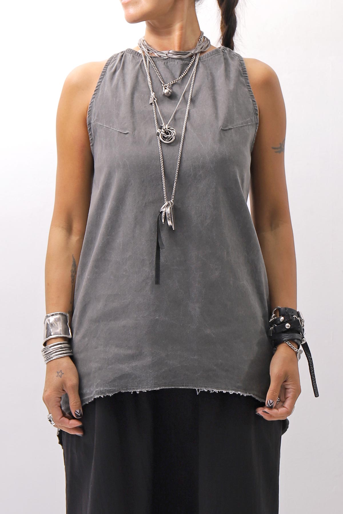 【Primordial is Primitive】 BACK CROSSED TANK TOP 413AL_GREY WASH
