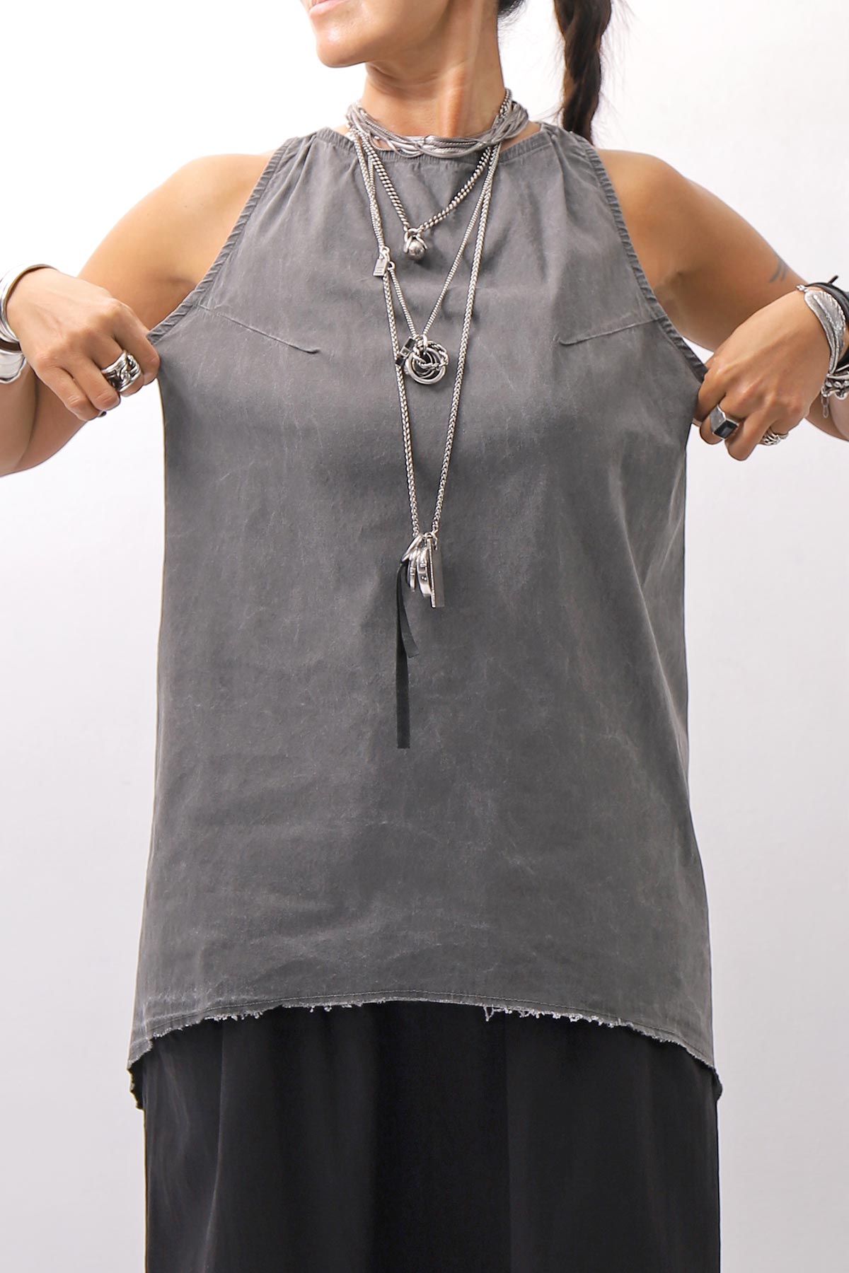 【Primordial is Primitive】 BACK CROSSED TANK TOP 413AL_GREY WASH