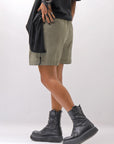 【Primordial is Primitive】 STRETCH ECO LEATHER SHORT PANTS 535AL_MILITARY