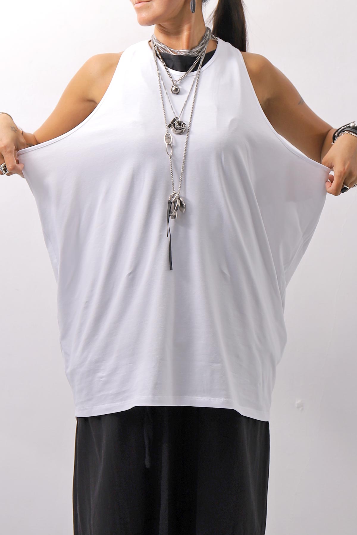 【NOSTRASANTISSIMA】 STRETCH COTTON BACK OPEN TANK TOP C150_WHITE