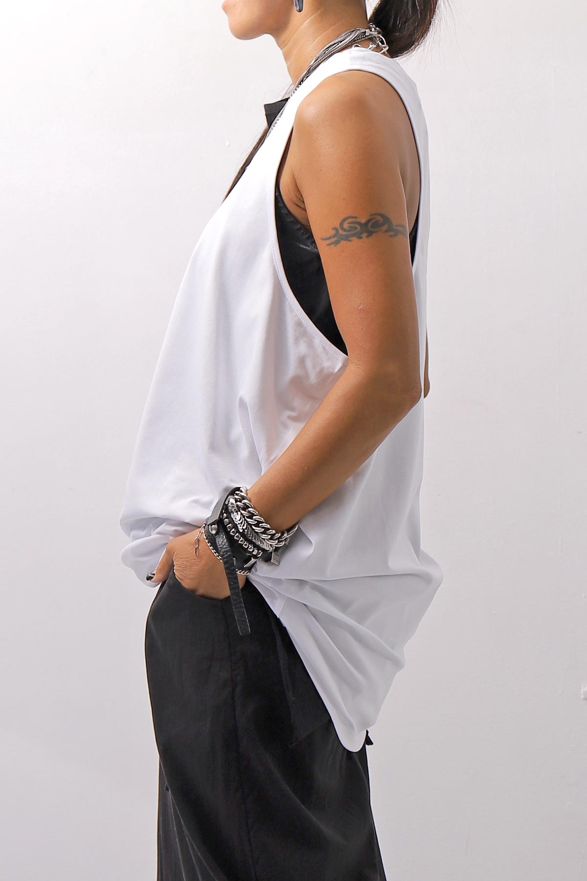 【NOSTRASANTISSIMA】 STRETCH COTTON BACK OPEN TANK TOP C150_WHITE