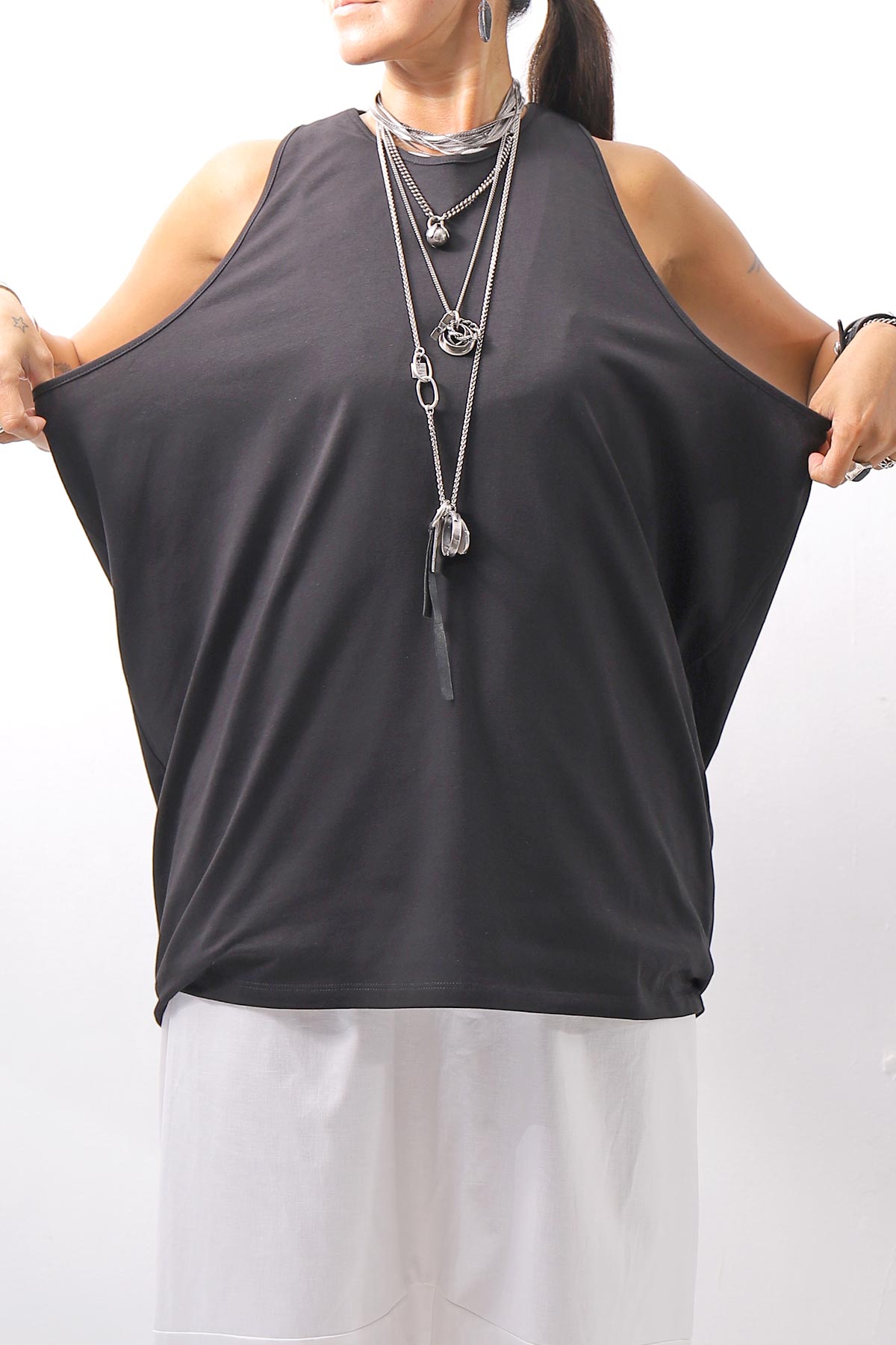 【NOSTRASANTISSIMA】 STRETCH COTTON BACK OPEN TANK TOP C150_BLACK