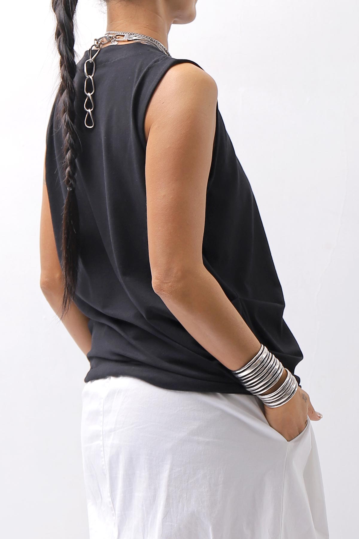 【NOSTRASANTISSIMA】 SIDE TACK SLEEVE-LESS TOP TS02_BLACK