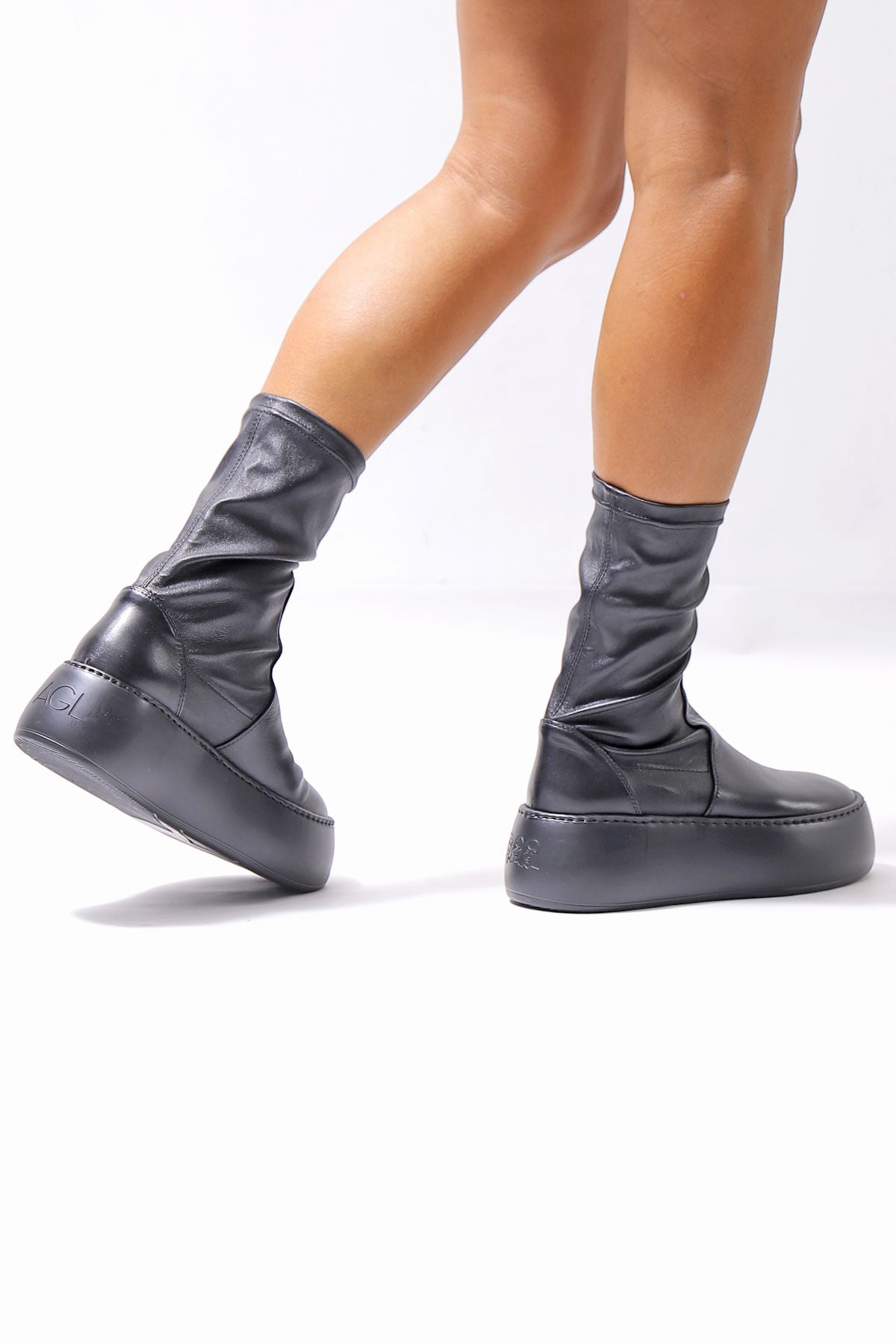 【AGL】 STRETCH LEATHER SNEAKER BOOTS VIBE STRETCH_BLACK