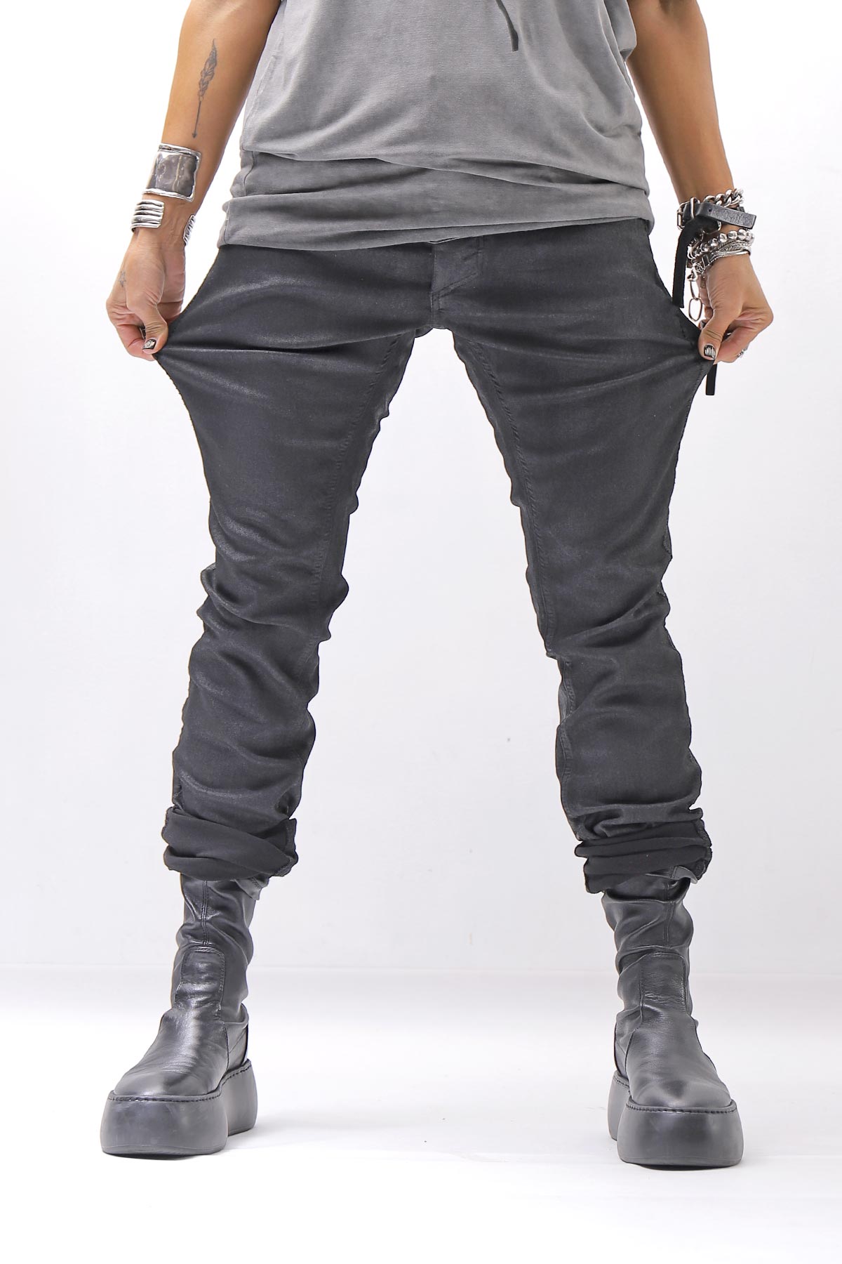 【thom/krom】 UNISEX COATED STRETCH DENIM PANTS MT107_BLACK COATED