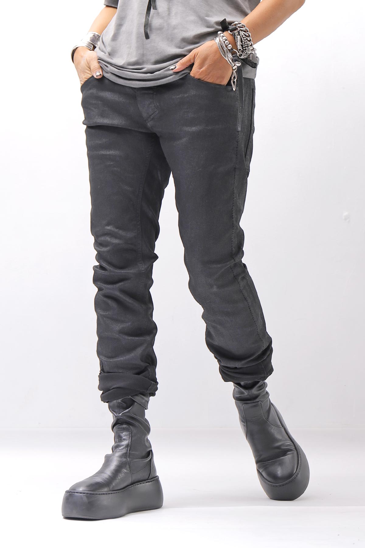 【thom/krom】 UNISEX COATED STRETCH DENIM PANTS MT107_BLACK COATED