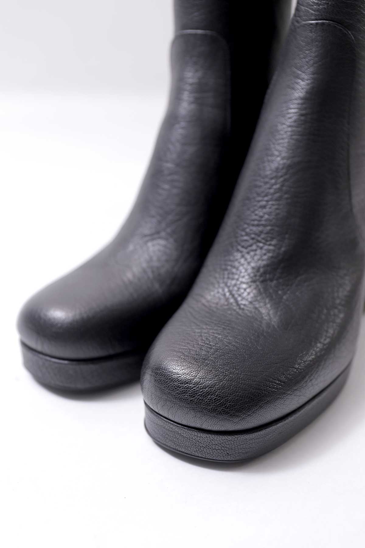 【AGL】 KID LEATHER CHUNKY HEEL SHORT BOOTS_BLACK