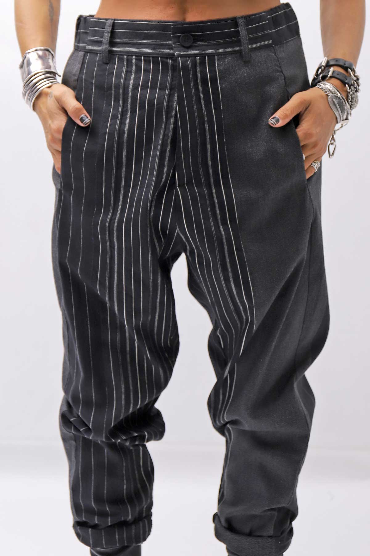 【NOSTRASANTISSIMA】UNISEX MIXED STRIPES PANTS P17_BLACK