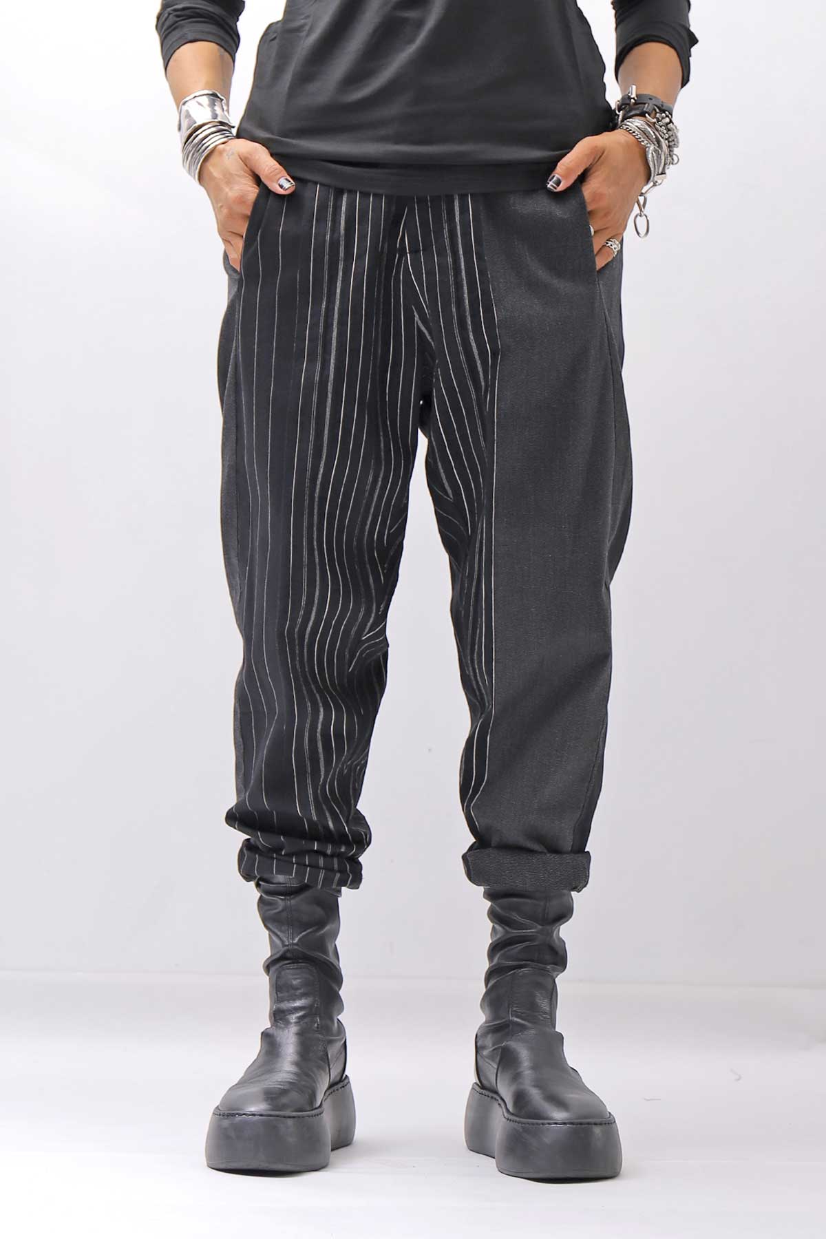 【NOSTRASANTISSIMA】UNISEX MIXED STRIPES PANTS P17_BLACK
