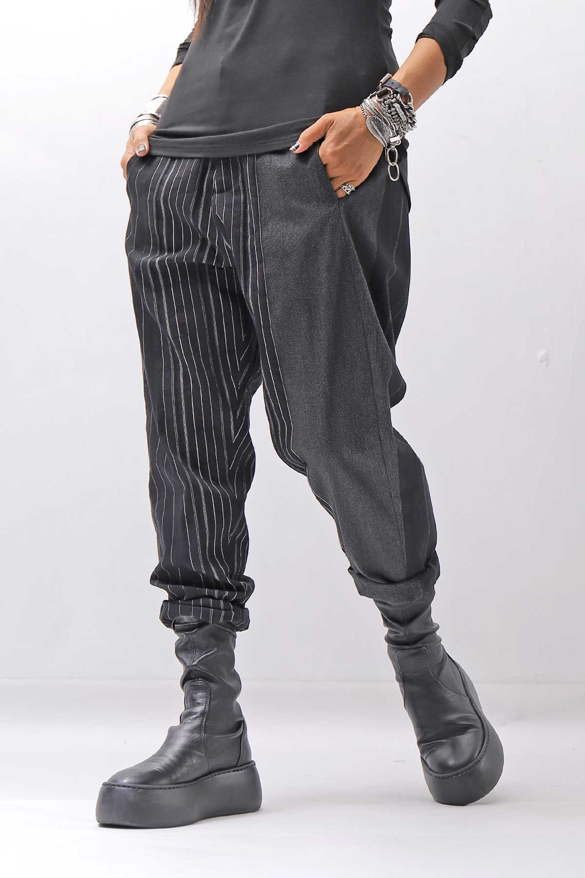 【NOSTRASANTISSIMA】UNISEX MIXED STRIPES PANTS P17_BLACK