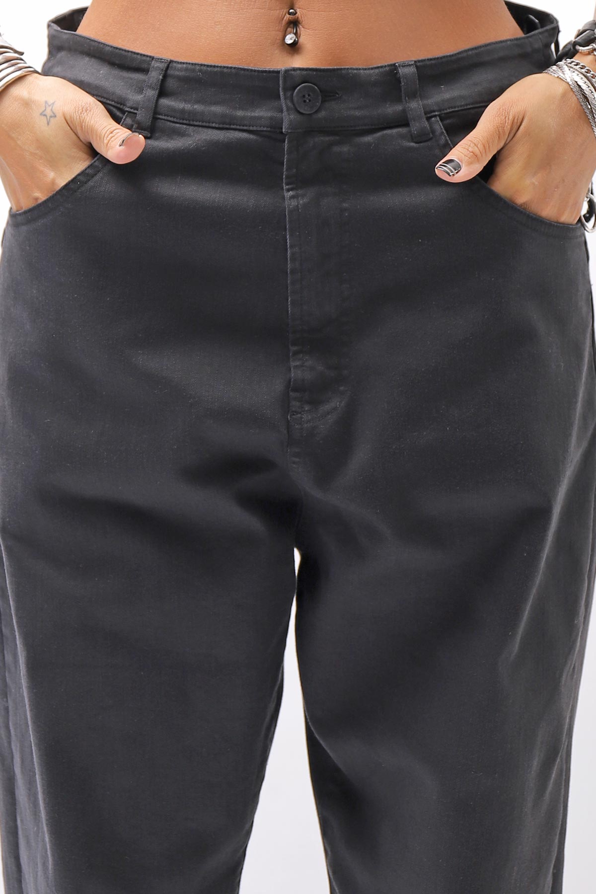【NOSTRASANTISSIMA】UNISEX STRETCH COTTON LOW CROTCH DENIM PANTS P102_BLACK
