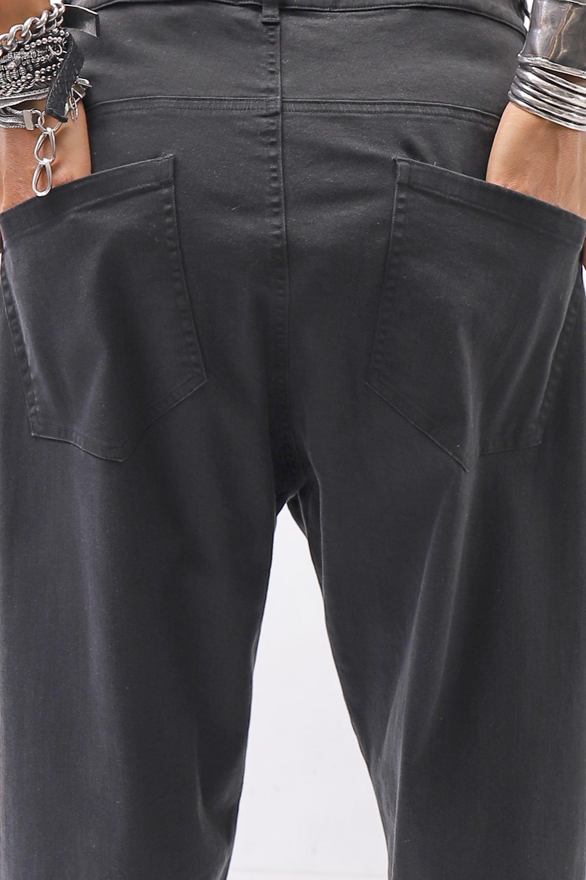 【NOSTRASANTISSIMA】UNISEX STRETCH COTTON LOW CROTCH DENIM PANTS P102_BLACK