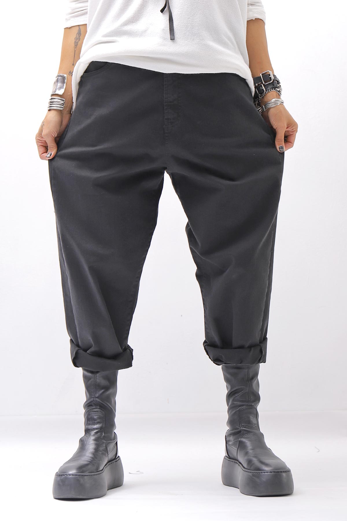 【NOSTRASANTISSIMA】UNISEX STRETCH COTTON LOW CROTCH DENIM PANTS P102_BLACK