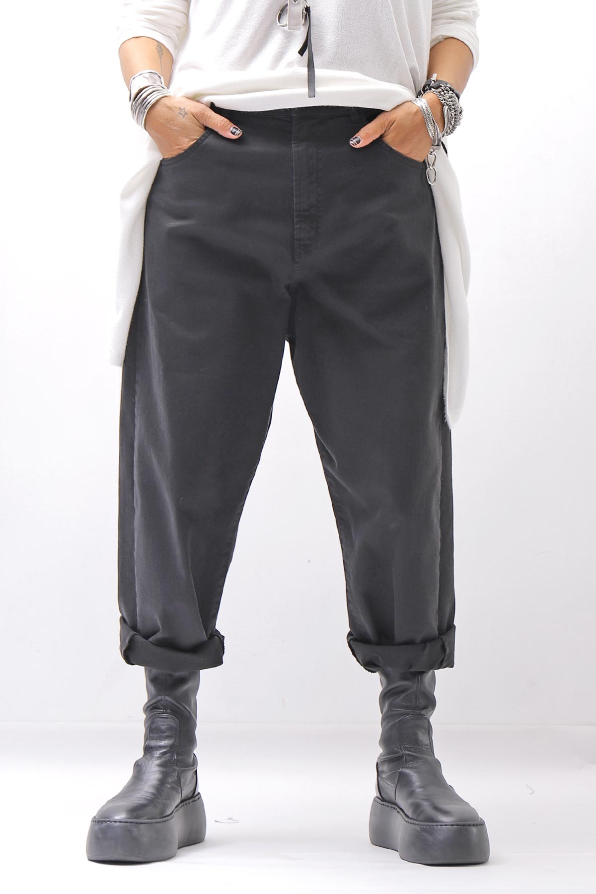【NOSTRASANTISSIMA】UNISEX STRETCH COTTON LOW CROTCH DENIM PANTS P102_BLACK