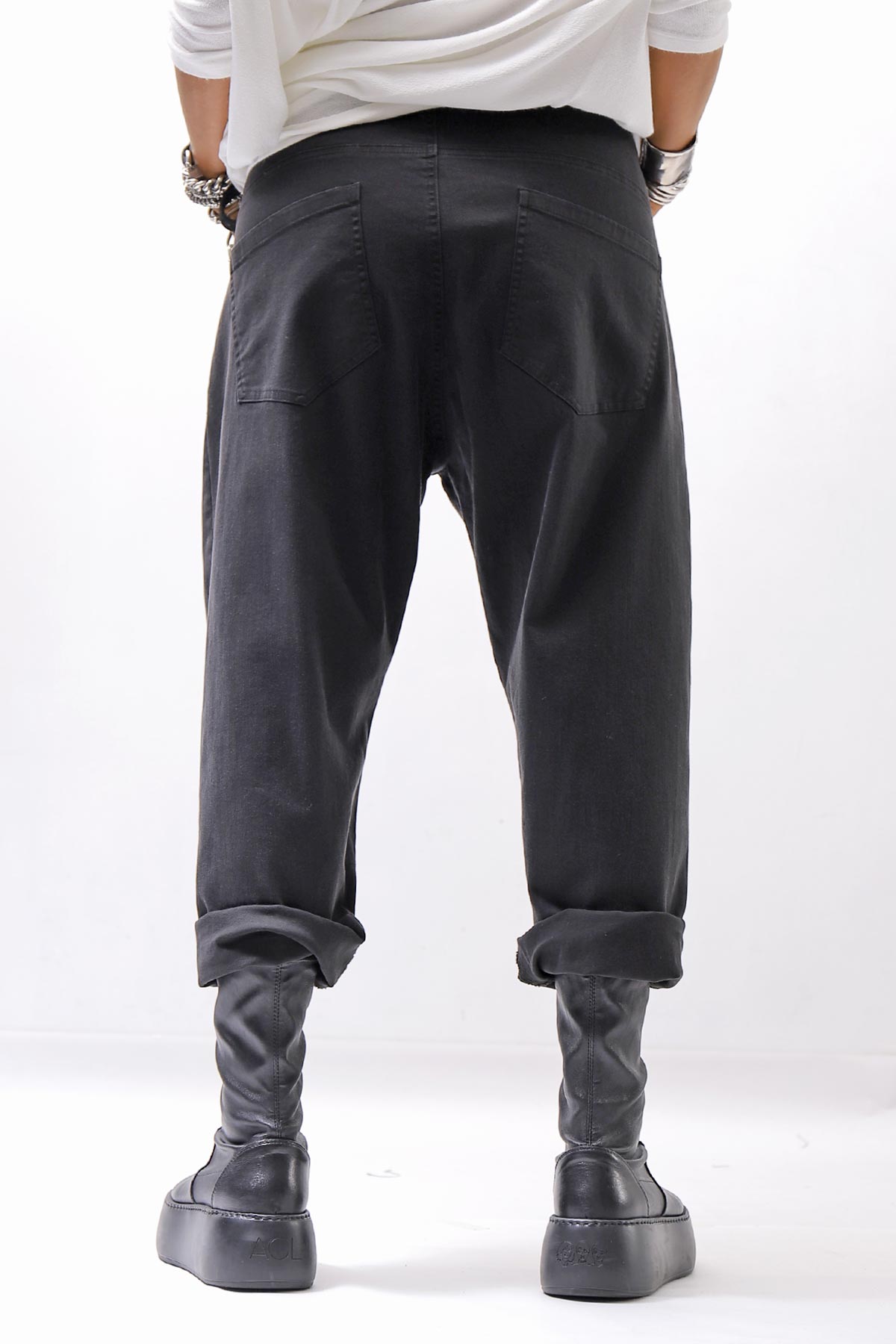 【NOSTRASANTISSIMA】UNISEX STRETCH COTTON LOW CROTCH DENIM PANTS P102_BLACK