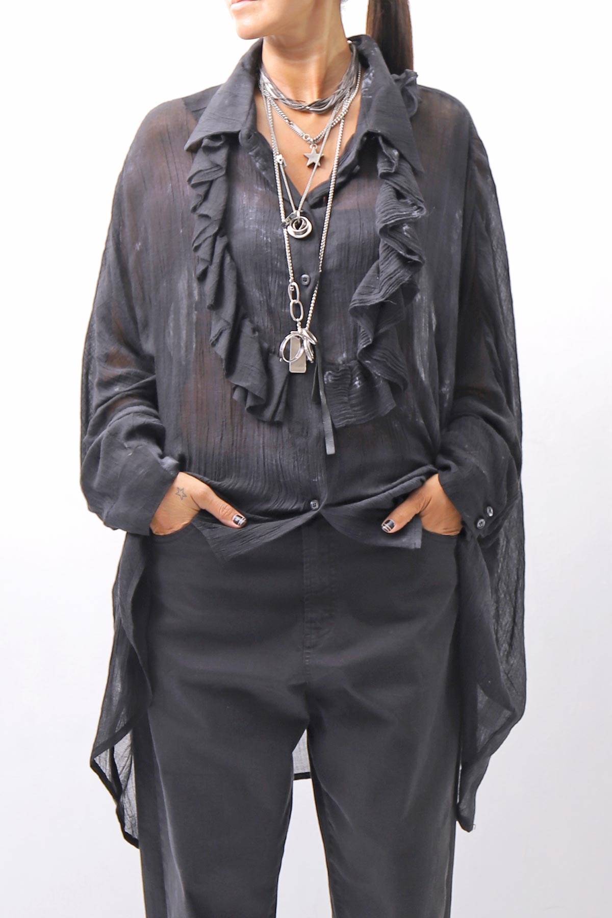 【NOSTRASANTISSIMA】 OVERSIZED DOLMAN SLEEVE DYED BLOUSE C143_GREY FADE