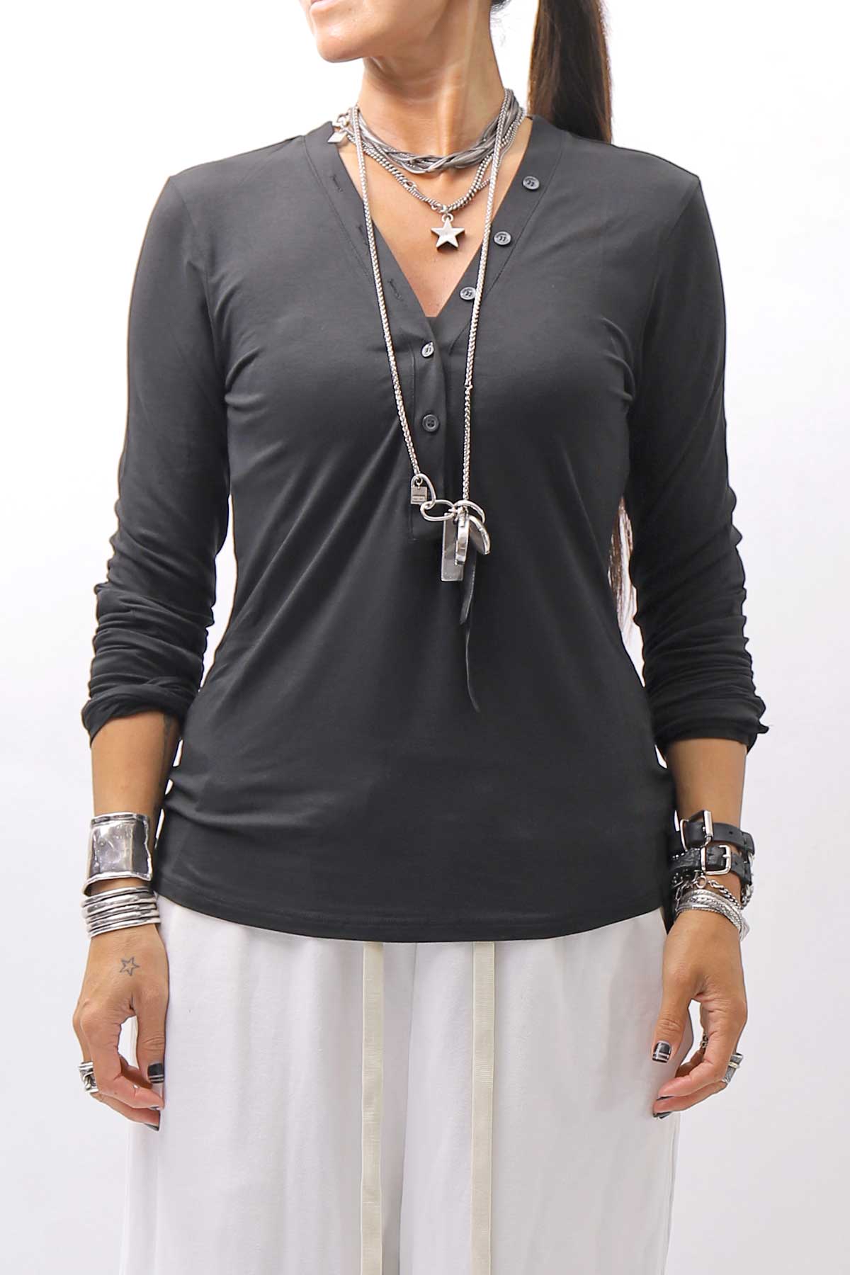 【NOSTRASANTISSIMA】 STRETCH COTTON FRONT BUTTON TOPS A124_BLACK