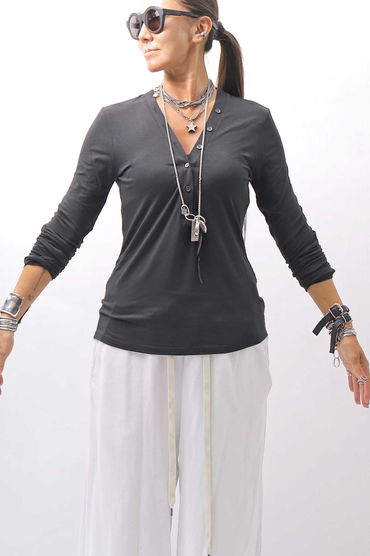 【NOSTRASANTISSIMA】 STRETCH COTTON FRONT BUTTON TOPS A124_BLACK