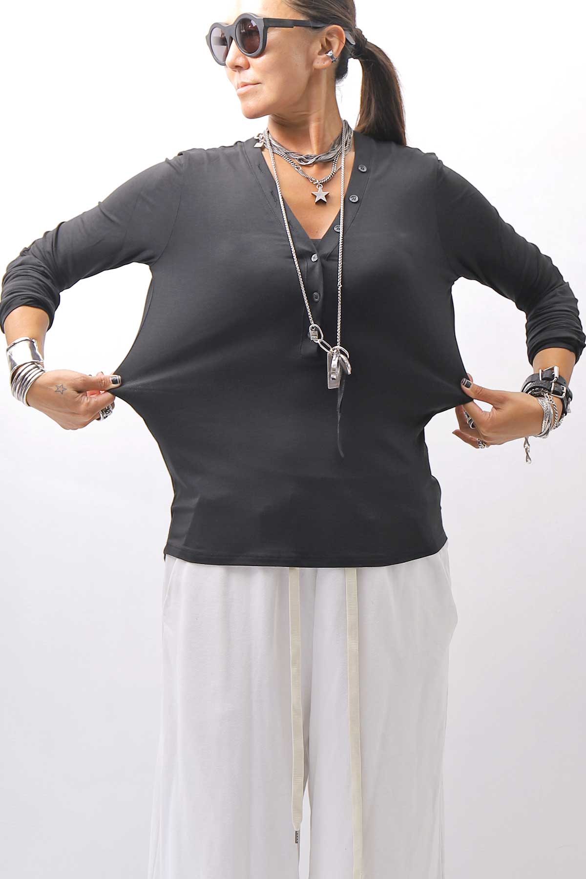【NOSTRASANTISSIMA】 STRETCH COTTON FRONT BUTTON TOPS A124_BLACK