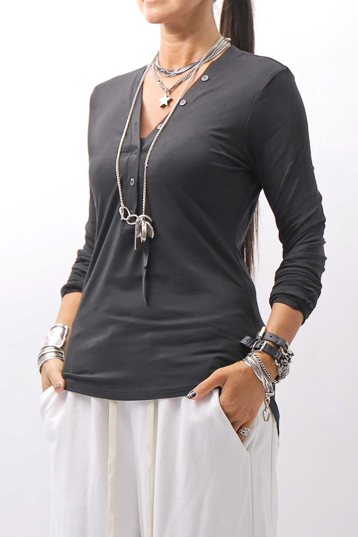 【NOSTRASANTISSIMA】 STRETCH COTTON FRONT BUTTON TOPS A124_BLACK