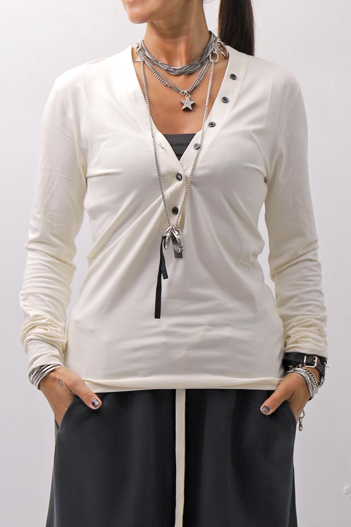 【NOSTRASANTISSIMA】 STRETCH COTTON FRONT BUTTON TOPS A124_OFF WHITE