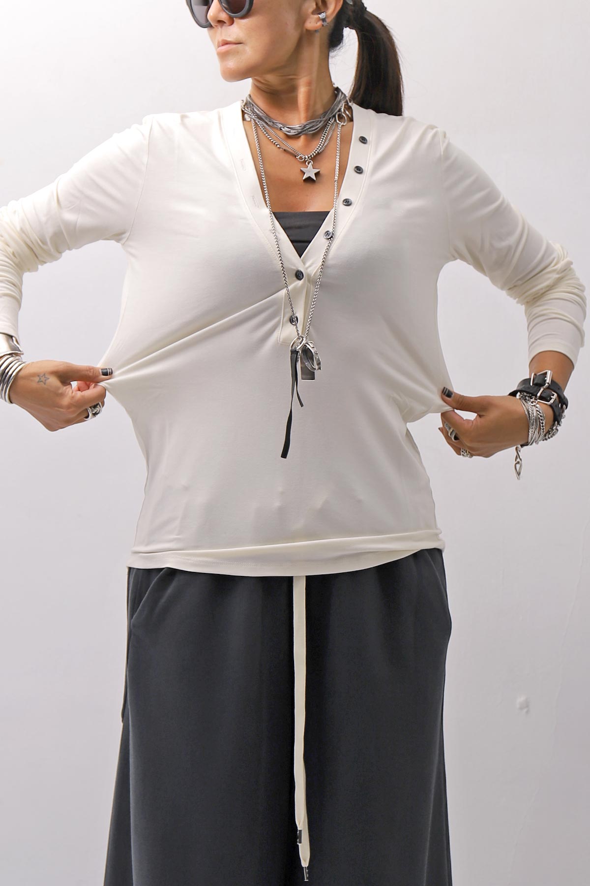 【NOSTRASANTISSIMA】 STRETCH COTTON FRONT BUTTON TOPS A124_OFF WHITE