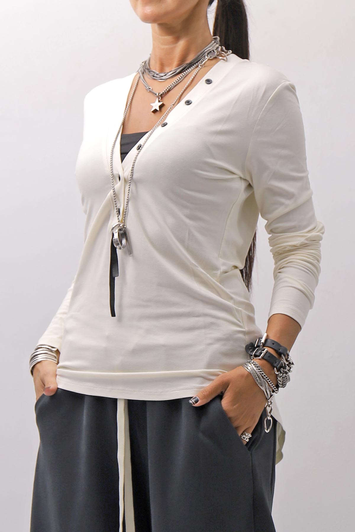 【NOSTRASANTISSIMA】 STRETCH COTTON FRONT BUTTON TOPS A124_OFF WHITE