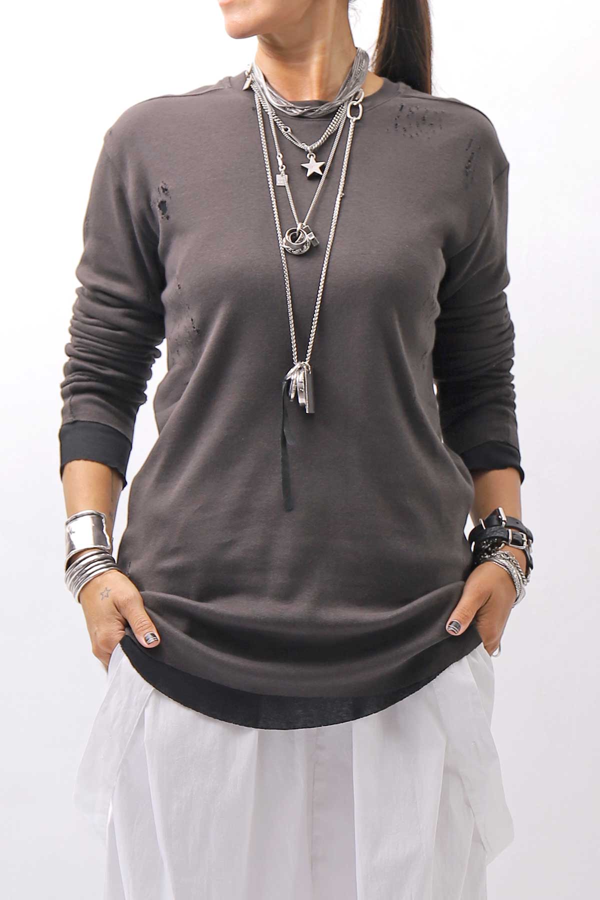 【thom/krom】 UNISEX COTTON CRASHED &amp; LAYERED REGULAR FIT LONG SLEEVE TOPS MTS969_COLD BROWN