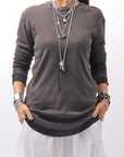 【thom/krom】 UNISEX COTTON CRASHED & LAYERED REGULAR FIT LONG SLEEVE TOPS MTS969_COLD BROWN