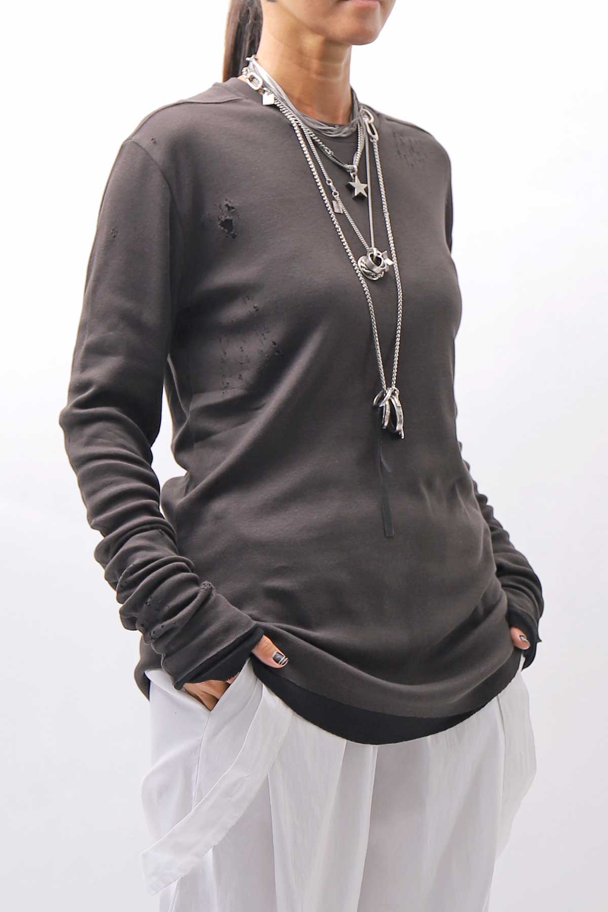 【thom/krom】 UNISEX COTTON CRASHED &amp; LAYERED REGULAR FIT LONG SLEEVE TOPS MTS969_COLD BROWN