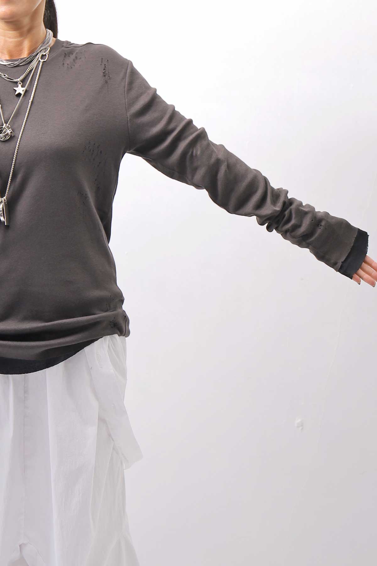 【thom/krom】 UNISEX COTTON CRASHED &amp; LAYERED REGULAR FIT LONG SLEEVE TOPS MTS969_COLD BROWN