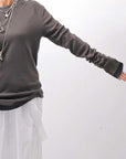 【thom/krom】 UNISEX COTTON CRASHED & LAYERED REGULAR FIT LONG SLEEVE TOPS MTS969_COLD BROWN