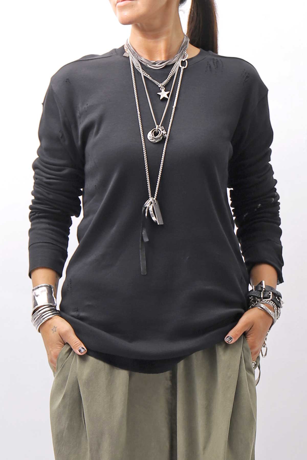 【thom/krom】 UNISEX COTTON CRASHED &amp; LAYERED REGULAR FIT LONG SLEEVE TOPS MTS969_BLACK