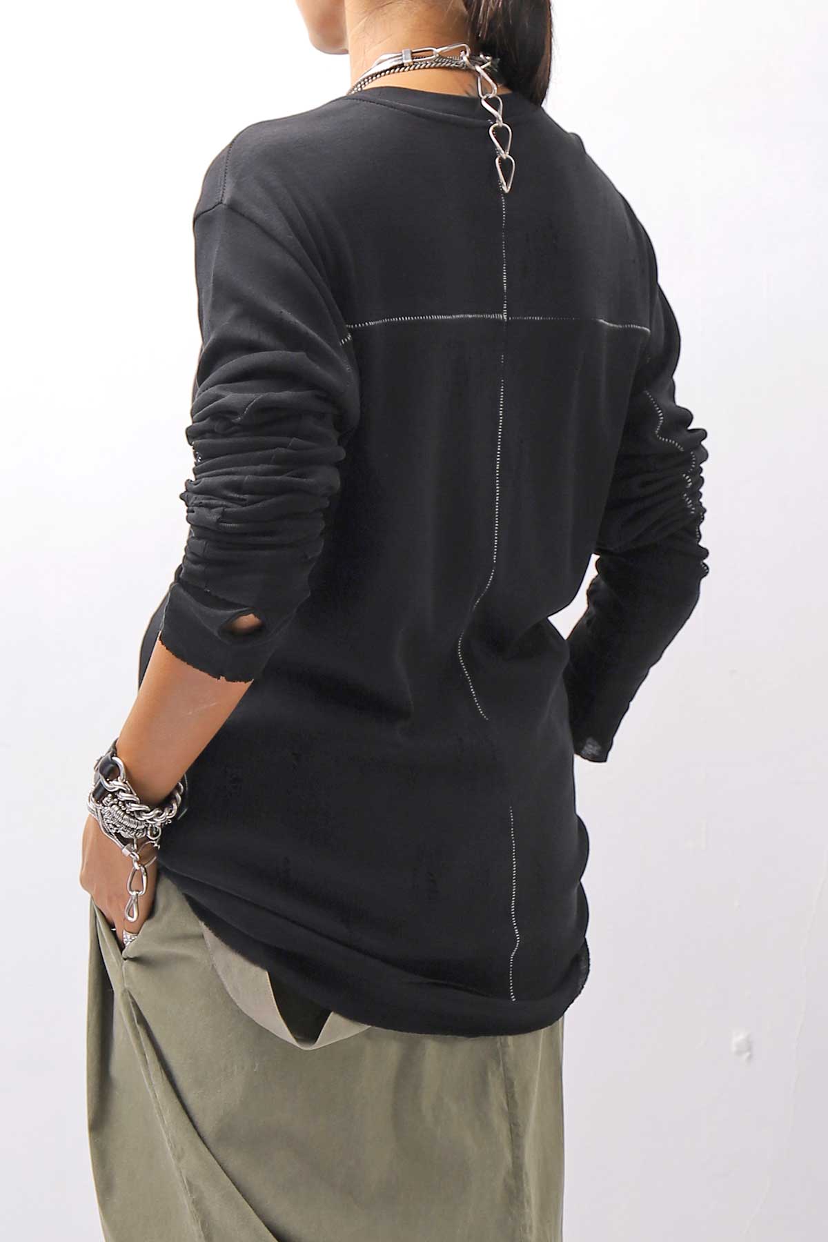 【thom/krom】 UNISEX COTTON CRASHED &amp; LAYERED REGULAR FIT LONG SLEEVE TOPS MTS969_BLACK