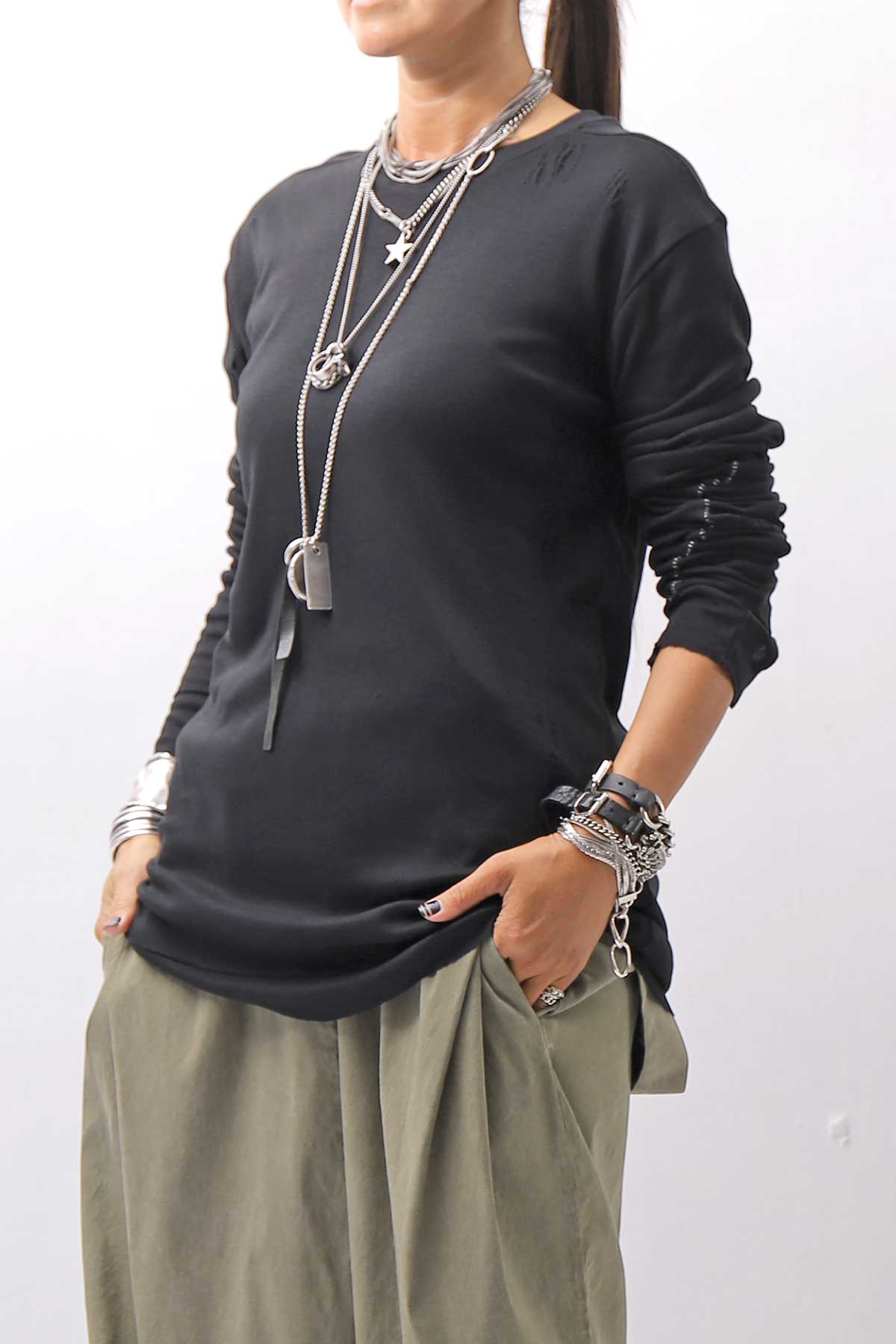 【thom/krom】 UNISEX COTTON CRASHED &amp; LAYERED REGULAR FIT LONG SLEEVE TOPS MTS969_BLACK