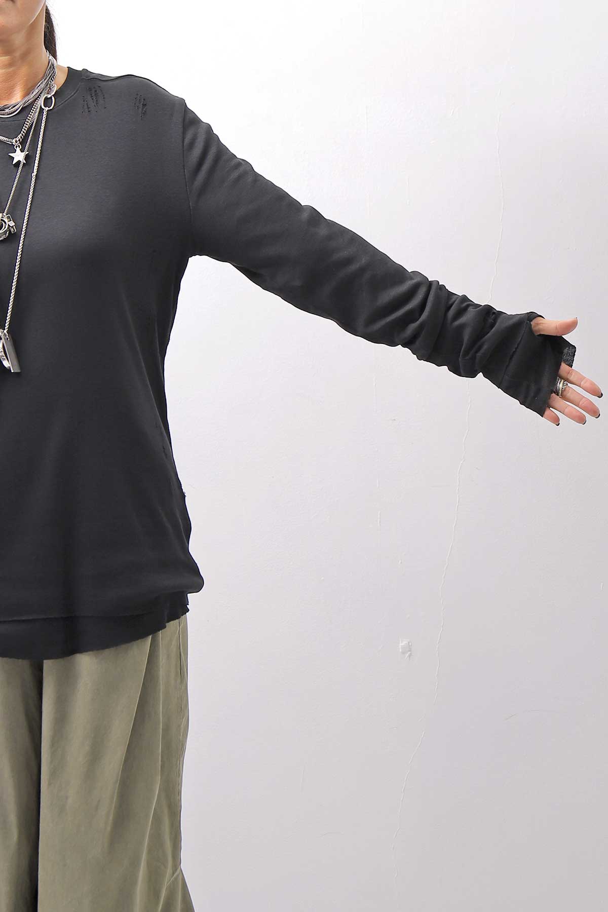 【thom/krom】 UNISEX COTTON CRASHED &amp; LAYERED REGULAR FIT LONG SLEEVE TOPS MTS969_BLACK