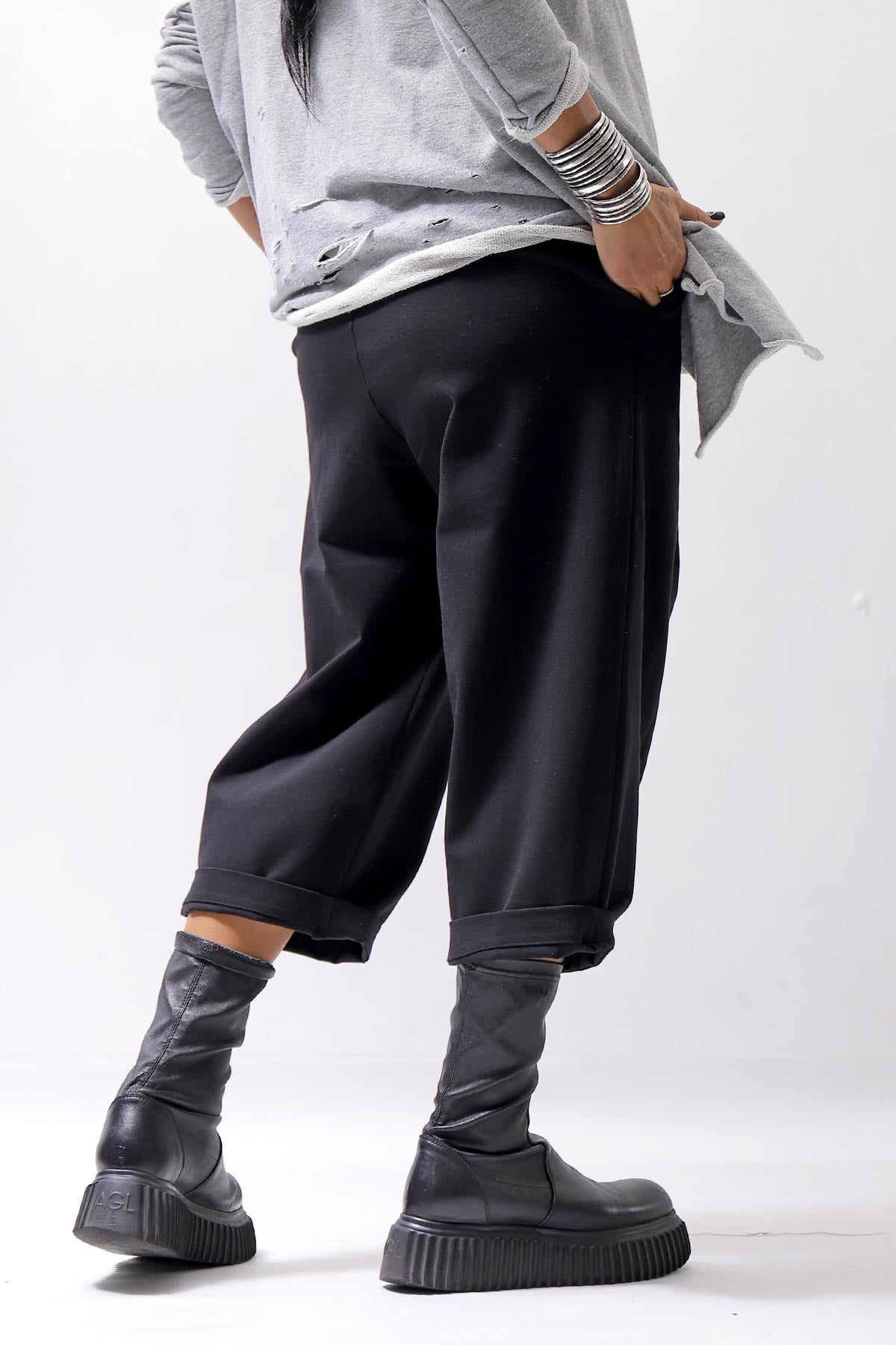 【NOSTRASANTISSIMA】 UNISEX STRETCH FRONT TUCK PANTS P118_BLACK