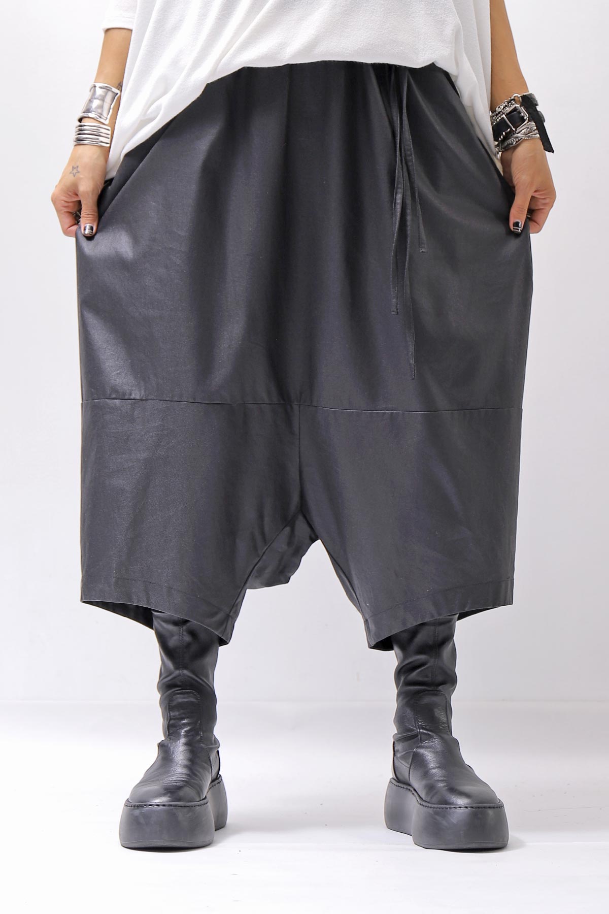 【studio b3】 UNISEX COATED LINEN＆BAMBOO BOX SARROUEL PANTS NB2123_BLACK