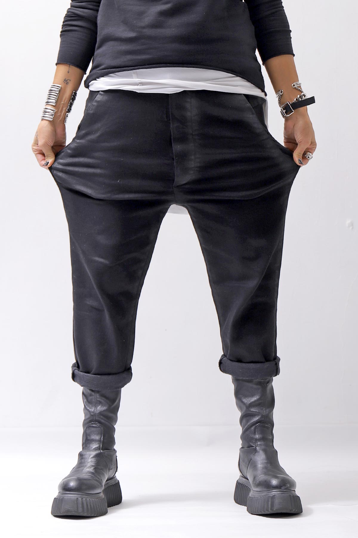 【thom/krom】 UNISEX SIDE COATING EASY DENIM PANTS MT87_BLACK COATED