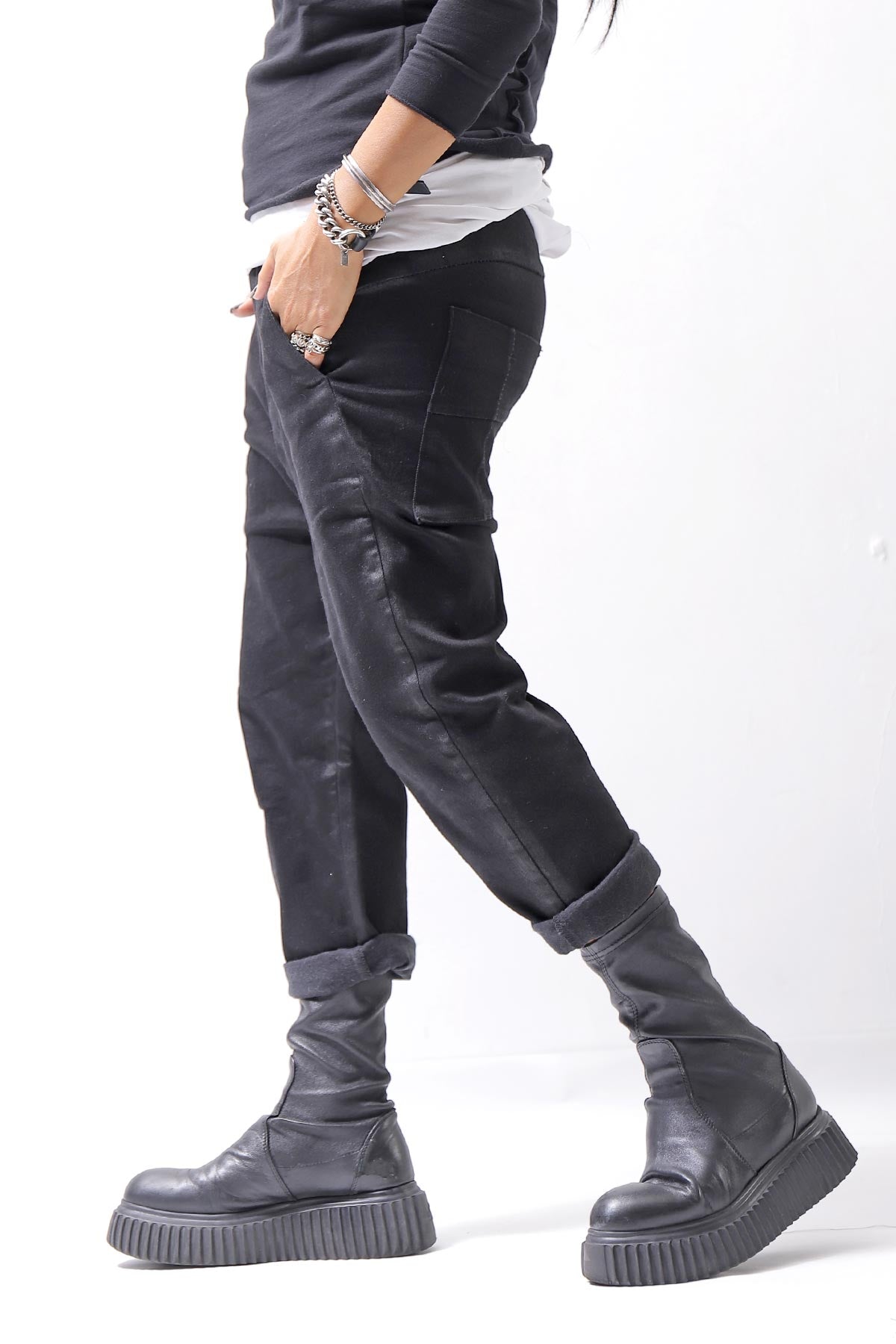 【thom/krom】 UNISEX SIDE COATING EASY DENIM PANTS MT87_BLACK COATED