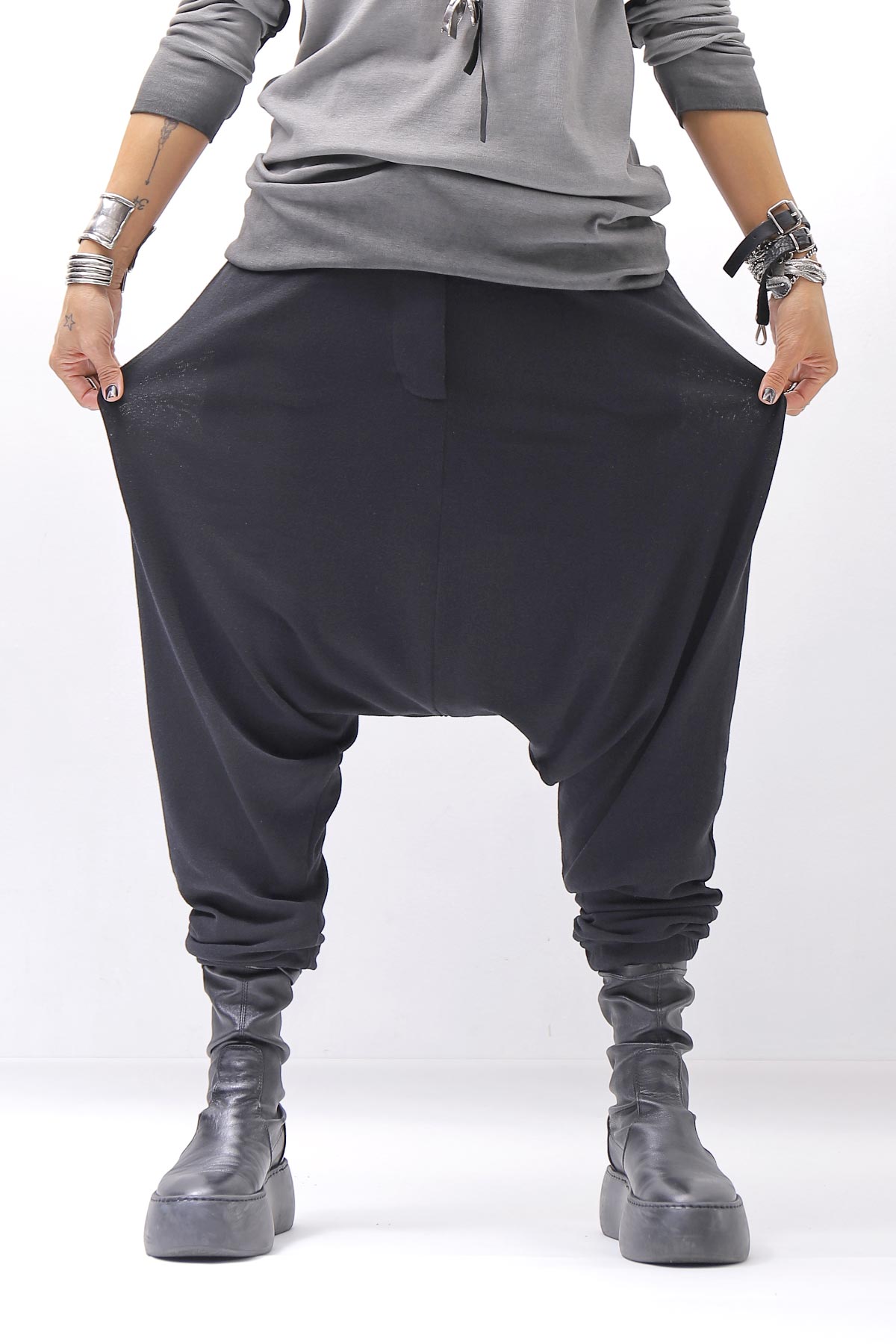【studio b3】 UNISEX COTTON KNIT BOX SARROUEL RIBBED PANTS SHB2232_BLACK