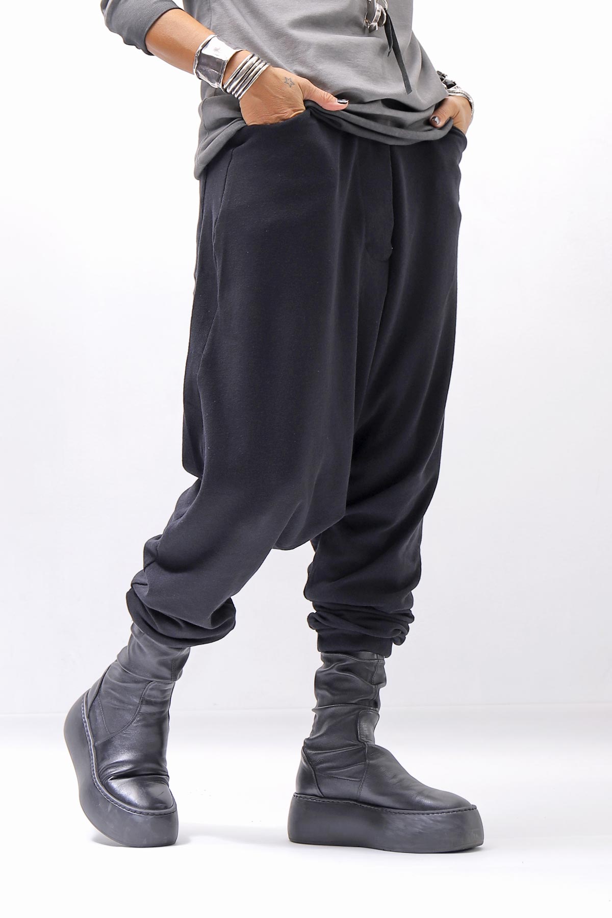 【studio b3】 UNISEX COTTON KNIT BOX SARROUEL RIBBED PANTS SHB2232_BLACK