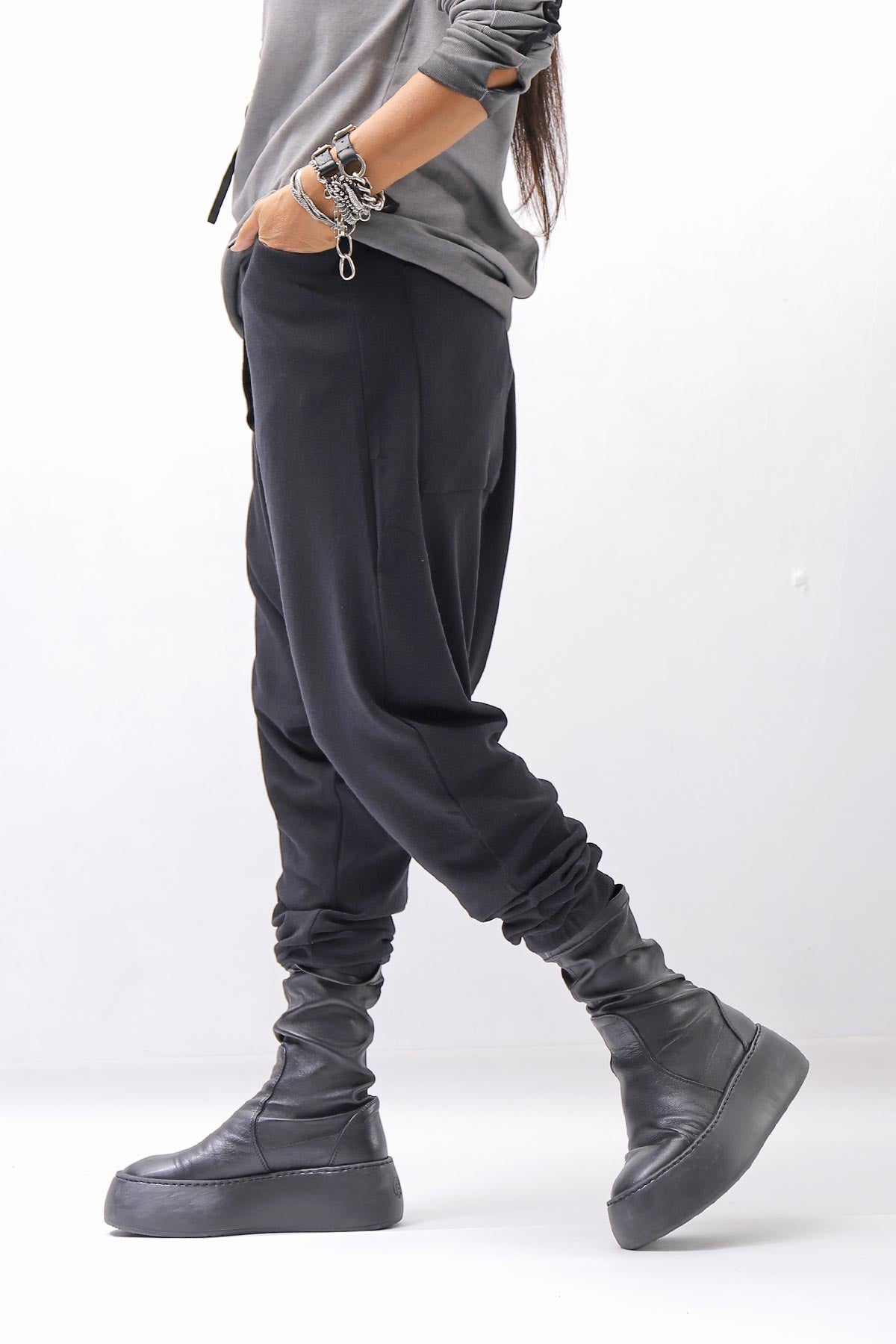 【studio b3】 UNISEX COTTON KNIT BOX SARROUEL RIBBED PANTS SHB2232_BLACK