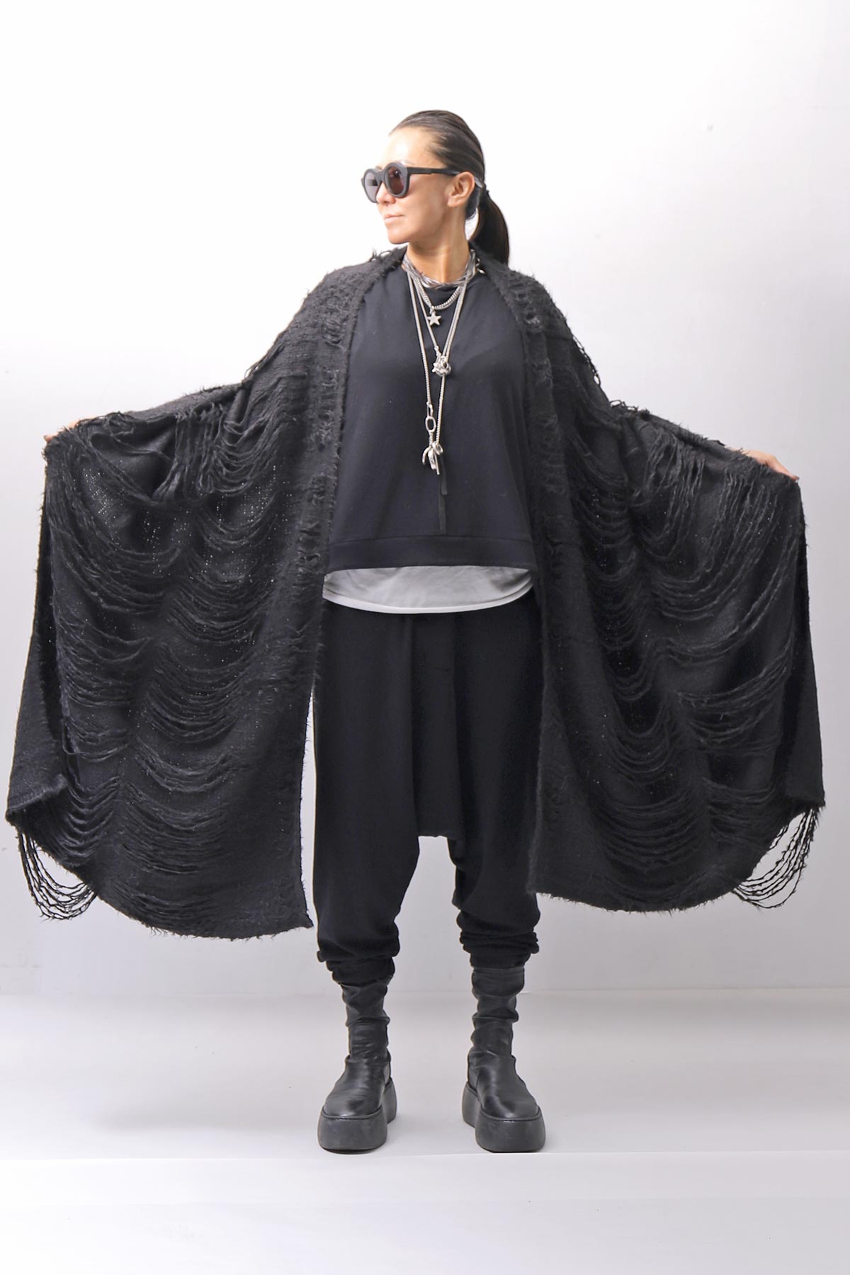 【RUNDHOLZ】 GRUNGE FRINGE SILK KNIT STOLE_BLACK